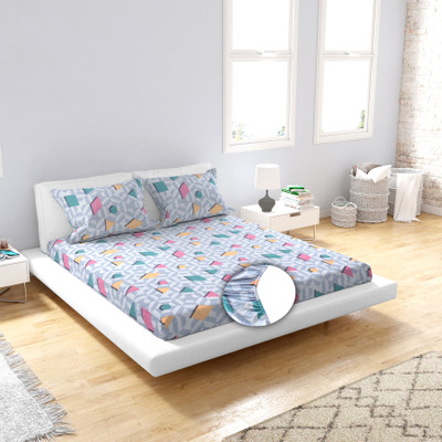 AAZEEM 144 TC Microfiber Double Abstract Fitted (Elastic) Bedsheet(Pack of 1, Multicolor)