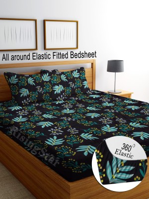 RisingStar 250 TC Cotton King Abstract Fitted (Elastic) Bedsheet(Pack of 1, Fitted_FloralPremium_BLACK BLUE LEAF)