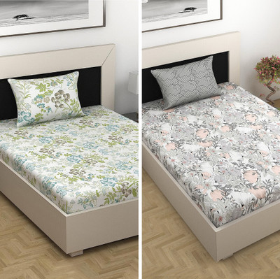 Divine Casa Cotton Single Flat 144 TC Floral Bedsheet(Pack of 2, Dark Green and Grey)