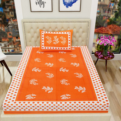 Monik Handicrafts Cotton Single Flat 104 TC Jaipuri Prints Bedsheet(Pack of 1, Orange)