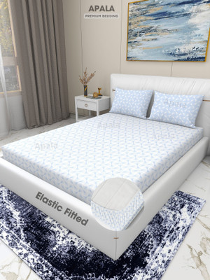 Apala 280 TC Microfiber Double, King Self Design Fitted (Elastic) Bedsheet(Pack of 1, White & Blue)