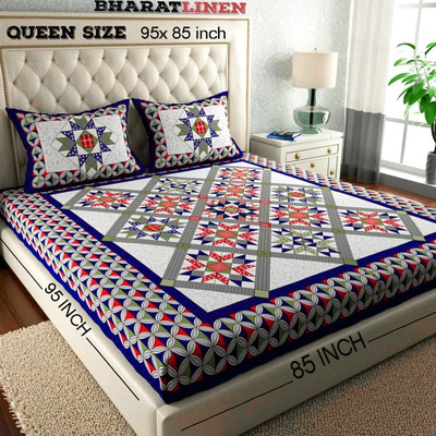 BharatLinen Cotton Double Flat 144 TC Jaipuri Prints Bedsheet(Pack of 1, Blue)