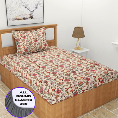 STYLISHUP 320 TC Microfiber, Cotton Single Abstract Fitted (Elastic) Bedsheet(Pack of 1, Grey)