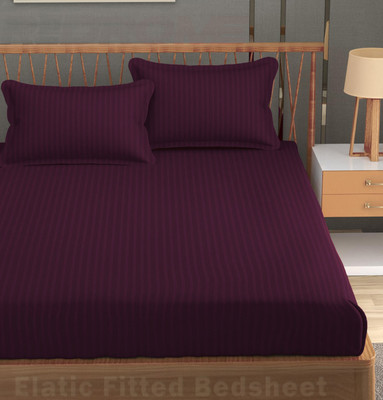 REDROME Cotton Double Fitted (Elastic) 300 TC Striped Bedsheet(Pack of 1, Wine)