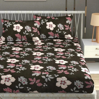 LUMORA NEST Cotton Queen Flat 300 TC Floral Bedsheet(Pack of 1, Black, Pink)