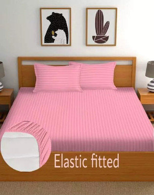 TURIYA Microfiber Double Fitted (Elastic) 180 TC Striped Bedsheet(Pack of 1, Pink)