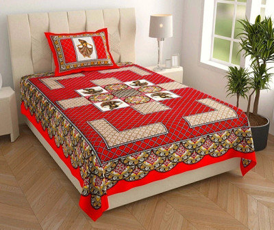BharatLinen Cotton Single Flat 144 TC Jaipuri Prints Bedsheet(Pack of 1, Red)