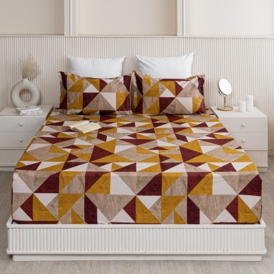 HOMEMONDE 210 TC Cotton Single Printed Fitted (Elastic) Bedsheet(Pack of 1, Red & Mustard)