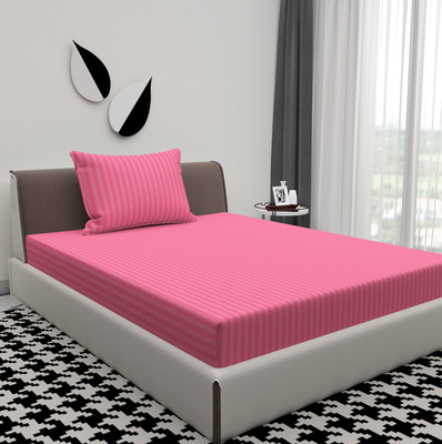 ATCamber Cotton Single Flat 300 TC Striped Bedsheet(Pack of 1, Pink)