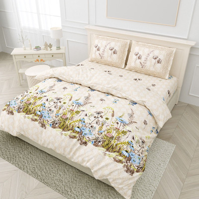RJ Cotton King Flat 210 TC Printed Bedsheet(Pack of 1, Cream, Beige)