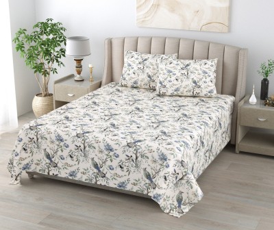 CHICERY 210 TC Cotton Double Floral Flat Bedsheet(Pack of 1, Light Grey Birds)