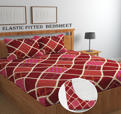 Home Garage 210 TC Cotton King 3D Printed Fitted (Elastic) Bedsheet(Pack of 1, Maroon)