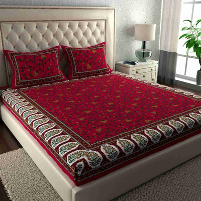 Cosito 144 TC Cotton Double Jaipuri Prints Flat Bedsheet(Pack of 1, Dark Red)