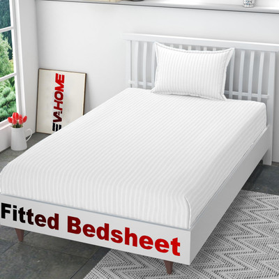 REDROME Cotton Single Fitted (Elastic) 300 TC Striped Bedsheet(Pack of 1, White)