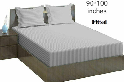 NeLeo 225 TC Polycotton Queen Striped Fitted (Elastic) Bedsheet(Pack of 1, Light Grey)