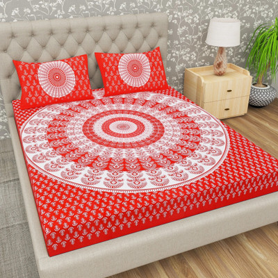 Flipkart SmartBuy 104 TC Cotton Double Jaipuri Prints Flat Bedsheet(Pack of 1, Red, White)