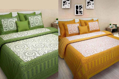 PALANG SHOBHA Cotton Double Flat 240 TC Jaipuri Prints Bedsheet(Pack of 6, Light Green, Yellow)