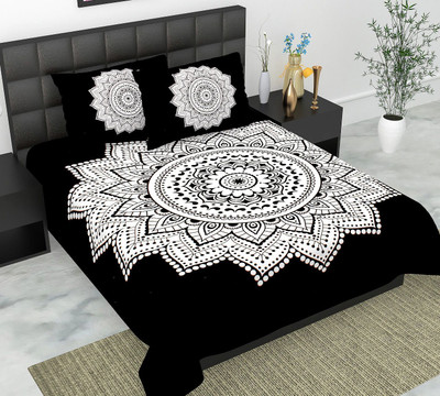 Satnam Prints Cotton Double Flat 144 TC Jaipuri Prints Bedsheet(Pack of 1, Black)