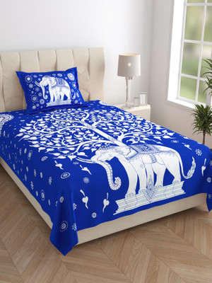 Mandakini 140 TC Cotton Single Jaipuri Prints Flat Bedsheet(Pack of 1, Blue)