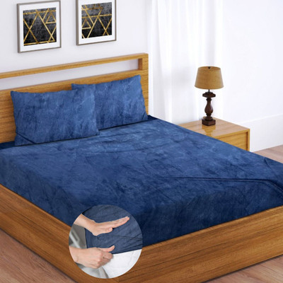 Apala Woolen Double, King Fitted (Elastic) 350 TC Solid Bedsheet(Pack of 1, Blue)