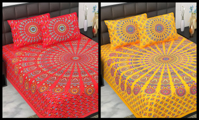JAIPUR PRINTS 220 TC Cotton Double Jaipuri Prints Flat Bedsheet(Pack of 2, Red,Yellow)