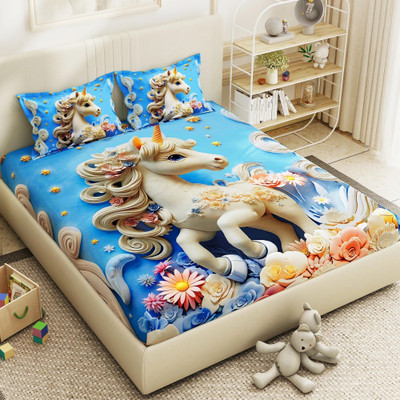 Story@home Microfiber Double Flat 300 TC Printed Bedsheet(Pack of 1, White & Blue)