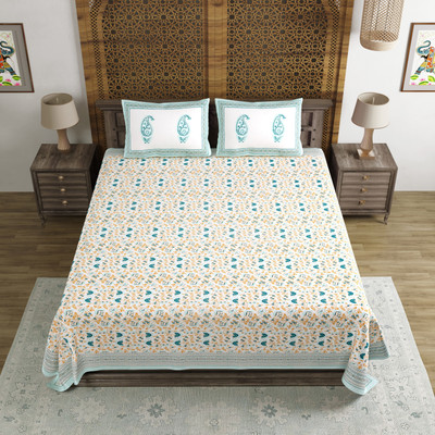 Blocks Of India Cotton King Flat 200 TC Floral Bedsheet(Pack of 1, Turquoise)