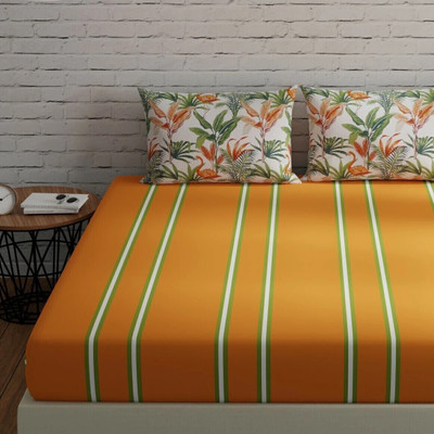 Huesland Cotton Double Flat 144 TC Striped Bedsheet(Pack of 1, Stripes & Flamingo - Orange & Green)