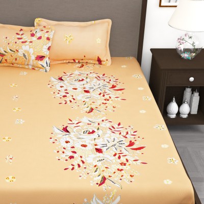 Story@home 210 TC Cotton King Floral Flat Bedsheet(Pack of 1, Light Orange)