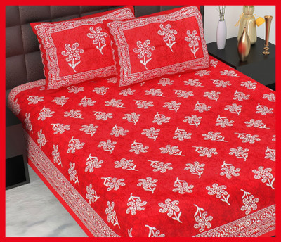 BedZone Cotton Double Flat 210 TC Jaipuri Prints Bedsheet(Pack of 1, Red)