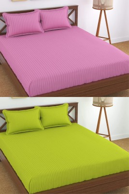 VORDVIGO 300 TC Satin Double Striped Fitted (Elastic) Bedsheet(Pack of 2, Baby Pink & Parrot)