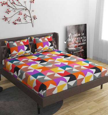Nirwana Decor 250 TC Microfiber King Abstract Fitted (Elastic) Bedsheet(Pack of 1, Al-yellowmultichecks)
