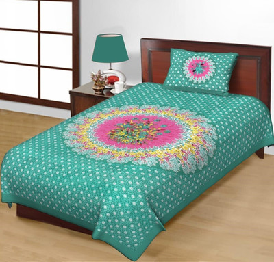 Leo Creation Cotton Single Flat 144 TC Jaipuri Prints Bedsheet(Pack of 1, Green, SeaGreen, SeaBlue, Pink, BabyPink)