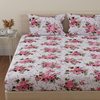 Huesland Cotton Double Flat 144 TC Printed Bedsheet(Pack of 1, White, Pink, Green)