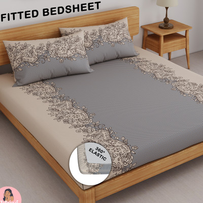 CHHAVI INDIA 210 TC Microfiber Double Printed Fitted (Elastic) Bedsheet(Pack of 1, Grey Brown)