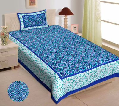 E ELMA 140 TC Cotton Single Jaipuri Prints Flat Bedsheet(Pack of 1, Blue)