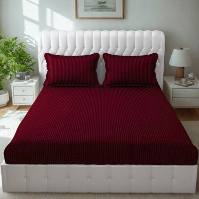 HOMECROWN Microfiber Double Fitted (Elastic) 300 TC Striped Bedsheet(Pack of 1, Maroon)