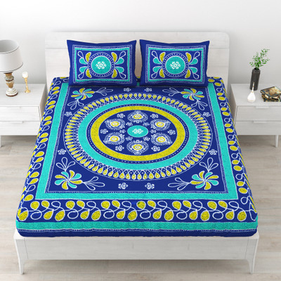 Cosito 144 TC Cotton Double Jaipuri Prints Flat Bedsheet(Pack of 1, Blue)