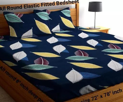 ARDM Cotton Double Fitted (Elastic) 144 TC Floral Bedsheet(Pack of 1, Blue)