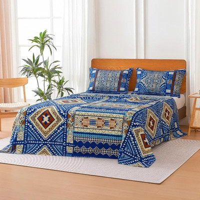 COLOFLY Cotton Double Flat 160 TC 3D Printed Bedsheet(Pack of 1, Blue, White)