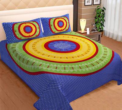 Tannu Craft Cotton Double Fitted (Elastic) 3 TC Jaipuri Prints Bedsheet(Pack of 1, Blue round)