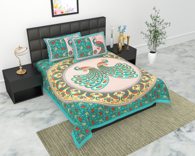 Navkar Creation 104 TC Cotton Double Jaipuri Prints Flat Bedsheet(Pack of 1, Green)