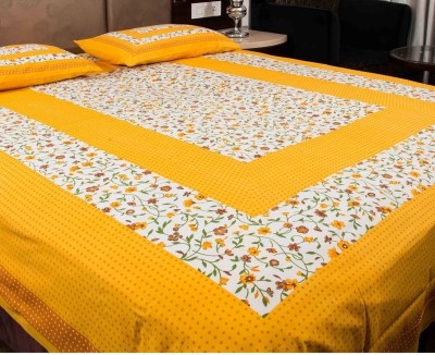 ayat collection 144 TC Cotton Double Jaipuri Prints Flat Bedsheet(Pack of 1, Yellow, White)