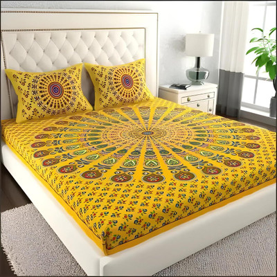 UNIBLISS 144 TC Cotton Double Jaipuri Prints Flat Bedsheet(Pack of 1, Yellow)