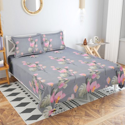 VAS COLLECTIONS 144 TC Microfiber Double Abstract Flat Bedsheet(Pack of 1, GREY & PINK)