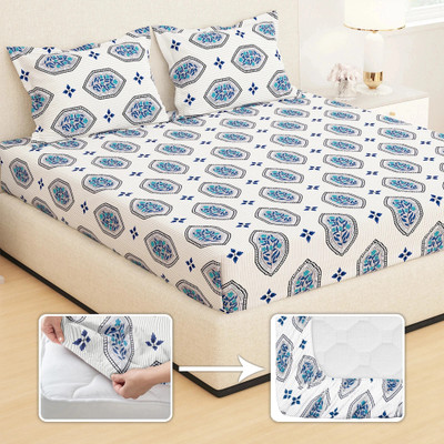 Story@home 210 TC Microfiber King Printed Fitted (Elastic) Bedsheet(Pack of 1, White & Blue)