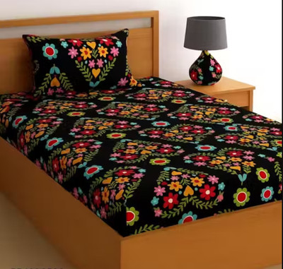 angeet Cotton Single Fitted (Elastic) 220 TC Abstract Bedsheet(Pack of 1, Black)