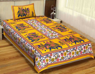 Mohini Dyeing 144 TC Cotton Single Jaipuri Prints Flat Bedsheet(Pack of 1, Yellow)