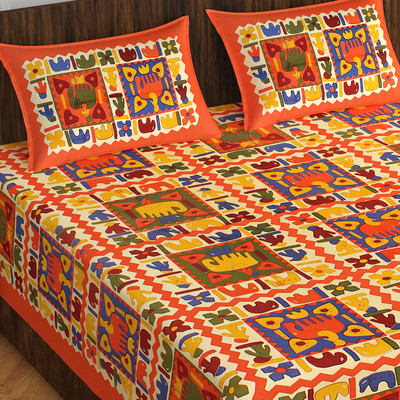 E ELMA 144 TC Cotton Double Abstract Flat Bedsheet(Pack of 1, Orange)