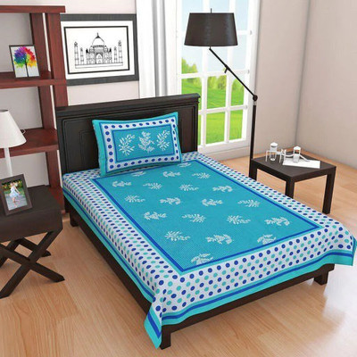 Monik Handicrafts Cotton Single Flat 140 TC Printed Bedsheet(Pack of 1, Blue)